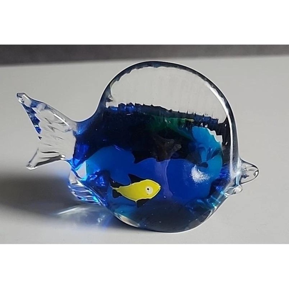 Murano Style Art Glass Blue Yellow Aquarium  Paperweight Fish Sculpture Vintage